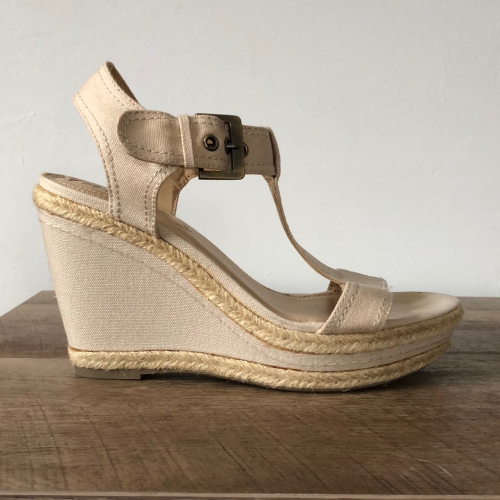 Nickels canvas and straw sandal wedges